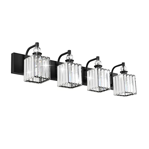 Black Crystal Vanity Light 4 Light 31.5''Modern Matte Black Bathroom Wall Light Fixtures Over Mirror Bathroom Vanity Lights