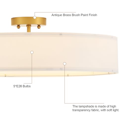 Gold Semi Flush Mount Ceiling Light Fixture with 24" Large White Fabric Drum Shade 5 (5 Count)