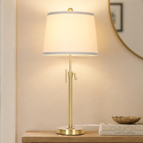 Modern Gold table Lamp 22" to 30"Adjustable Height 3 Brightness Way Brass Nightstand with White Linen Shade Pull Chain Pole Lights for Living Room Guest Bedroom End Table Office