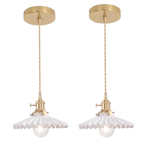 Pendant Light 2 Pack with White Pleated Ceramic Lmapshade (2 Count)