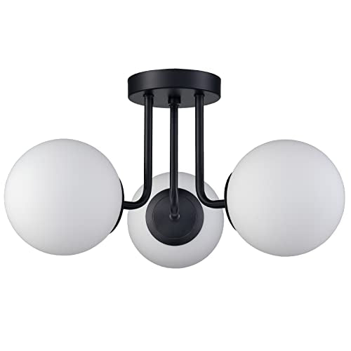 Modern Black Semi Flush Mount Ceiling Light with White Globe