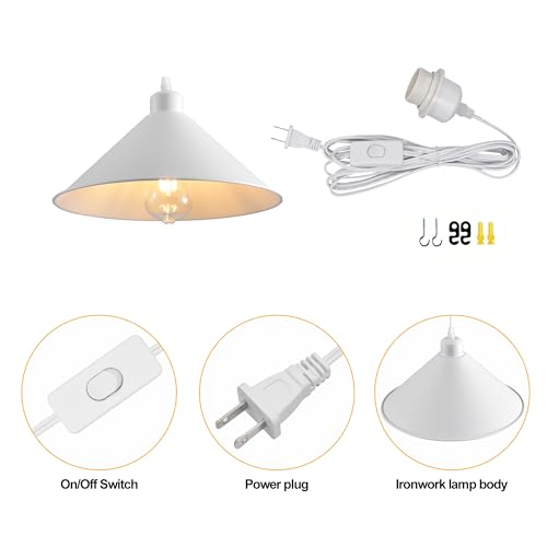 11.8IN Plug in Pendant Light 2 Pack Industrial Hanging Lamp White Vintage Pendant Lighting Fixtures with 15ft Cord On (2 Count)