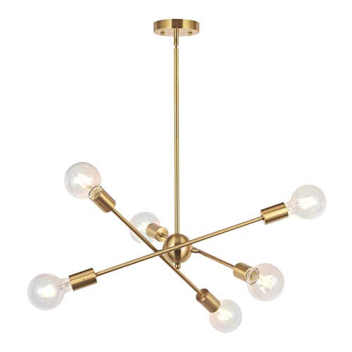 Modern Sputnik Chandelier Lighting 6 Lights Brushed Brass Chandelier Mid Century Pendant Lighting Gold Ceiling Light Fixture for Hallway Bar Kitchen Dining Room