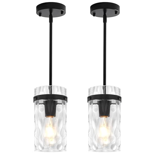 2 Pack Black Pendant Lights Kitchen Island Modern Hammered Glass (2 Count)