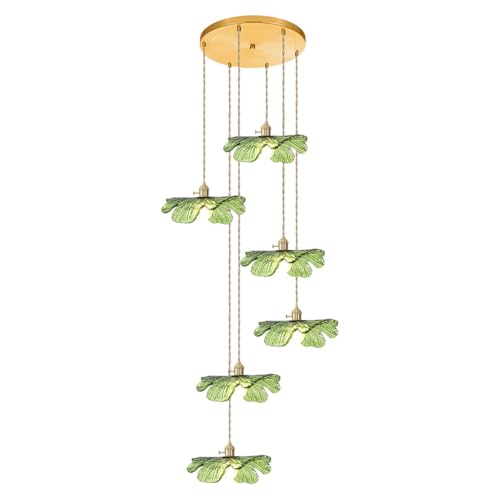 Long High Ceiling Chandelier with Green Blown Flower Glass Shade Vintage Flush Mount Ceiling Hanging light Gold brass pendant light 5 light Ceiling Chandeliers for Staircase Foyer Entryway Living