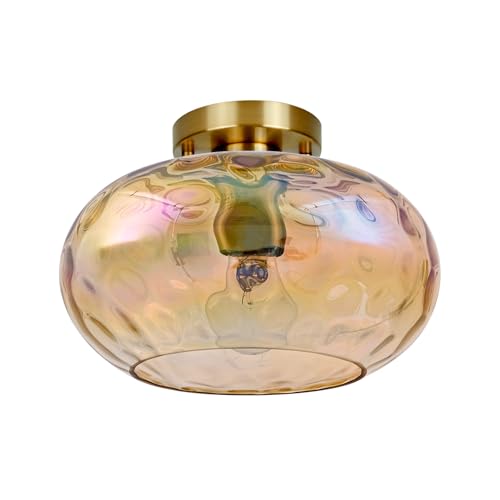 Brass Gold Semi Flush Mount Ceiling Fixture 11" Hammered Glass Shade Modern Close to Ceiling Lighting 1