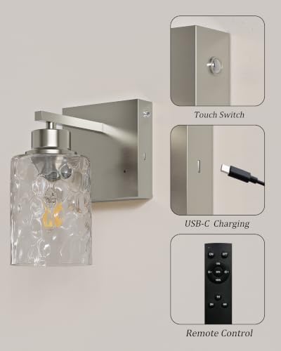 Hammered Glass Wireless Battery Operated Wall Sconces Set of Two Nickel
