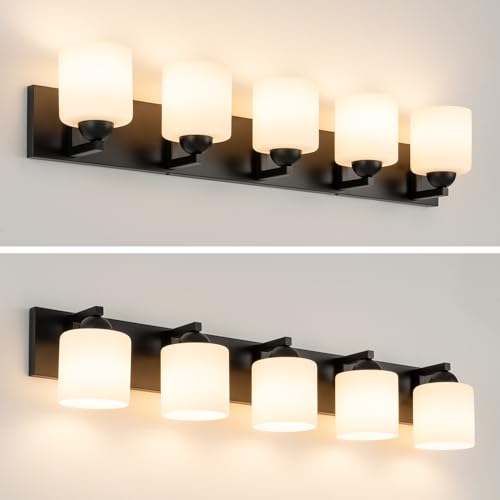 5 Light Black Bathroom Vanity Light with White Glass Shades