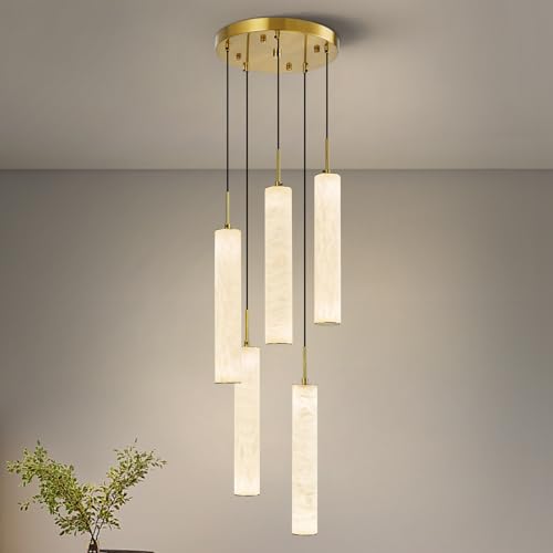 Natural Alabaster Pendant Lights for Kitchen Island White Marble Long Tube Chandelier 4000K Modern Gold Ceiling Light Fixtures for Bedroom Dining Room Table Living Room Hallway