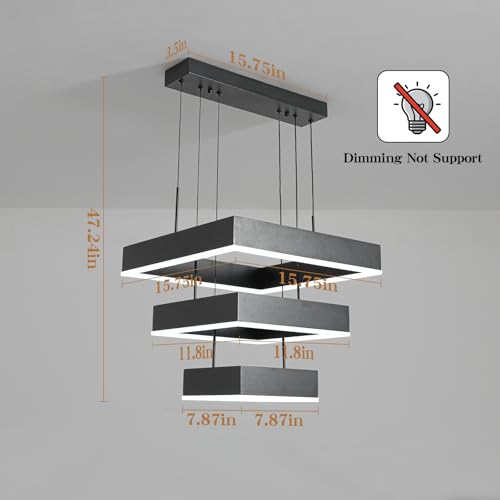 Modern Chandelier 58W LED Black Pendant Light Embedded Mount Square Rings LED Chandeliers Dining Room Light Fixtures for Kitchen Bedroom