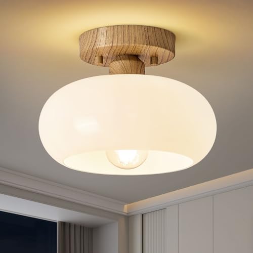Mid Century Modern Faux Wood Semi Flush Ceiling Light 8.66 Inch