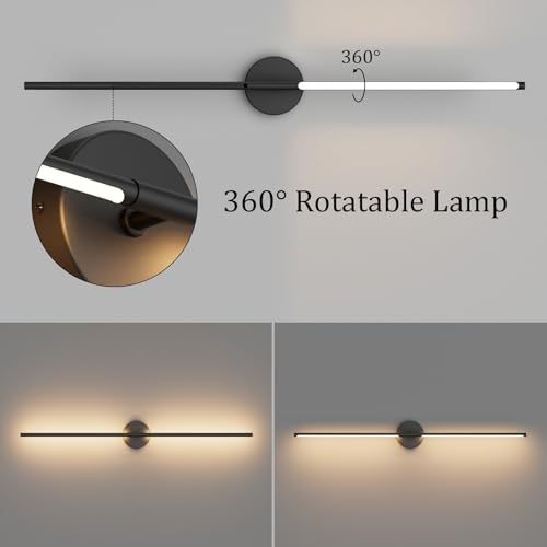 40In Hardwired Modern Wall Sconce for Bathroom Black Vanity Light Fixture 3000K Bathroom Sconce 360° Rotate Warm Light for Bedroom Living Room