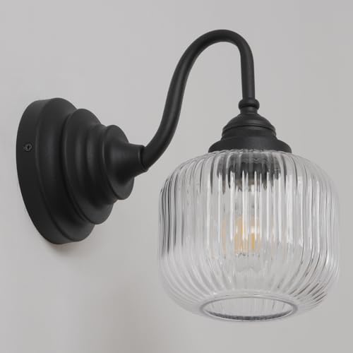 Vintage 2 Lights Clear Ribbed Glass Wall Sconce Lighting Brass Finished