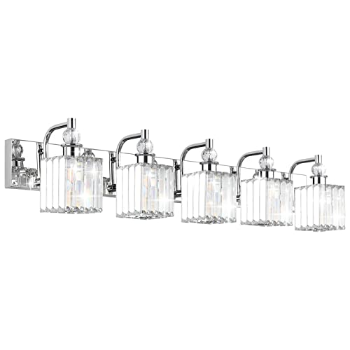 Modern Crystal Bathroom Vanity Light 5 Light 40''Chrome Vanity Lighting Over Mirror Bathroom Wall Lighting Fixtures
