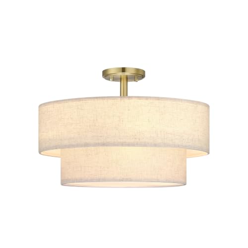 2 Tier 18" Cream Drum Fabric 4 Light Gold Semi Flush Mount Ceiling Light for Living Room Dining Room Bedroom Hallway