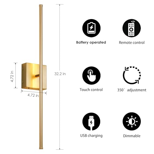 32.2 Inch Wall Sconces Battery Operated for Living Room Gold (2 Count)