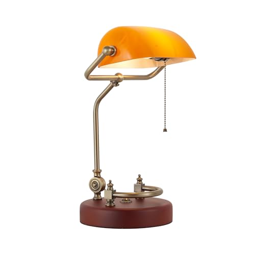Bankers Lamp Traditional Orange Desk Lamp Solid Wood Pull Chain Switch