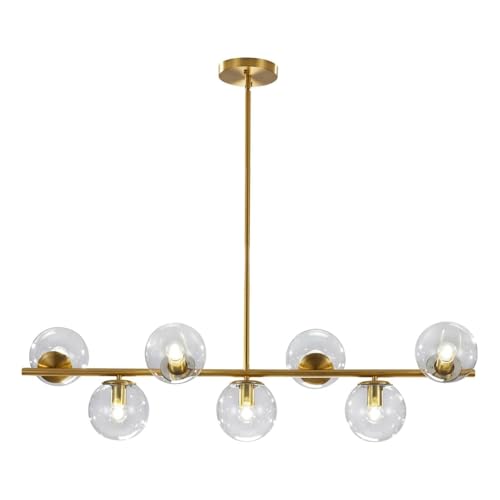MCM 7 Light Brass Gold Linear Sputnik Chandelier with Clear Glass Shade
