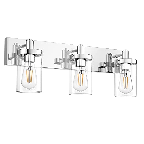 Chrome Vanity Light for Bathroom 3 Light Farmhouse Bathroom Lights Fixtures Over Mirror with Clear Glass Shade