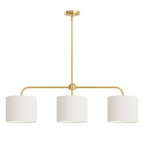 3 Light White Linen Drum Shade Chandelier with Polished Gold Metal Linear Pendant Light Fixture for Kitchen Island