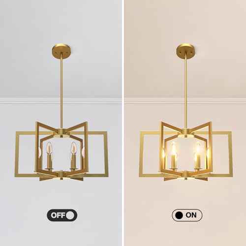 Modern Gold Chandelier, 6-Light Geometric Dining Room Light Fixture, Industrial Pendant Lights Kitchen Island, Hanging Metal Farmhouse Chandelier for Bedroom, Entryway, Foyer, Kitchen, Living Room