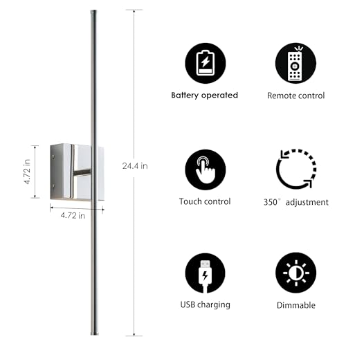 24.4 Inch Wall Sconces Battery Operated for Living Room Chrome (2 Count)