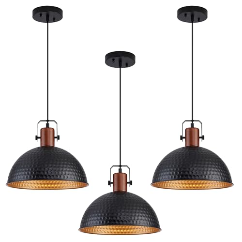 12 Inch Black Pendant Lights Hammered Matte Pendant Lights for Kitchen Island Industrial Farmhouse Adjustable Height Dome Hanging Light Fixtures for Barn (3 Count)