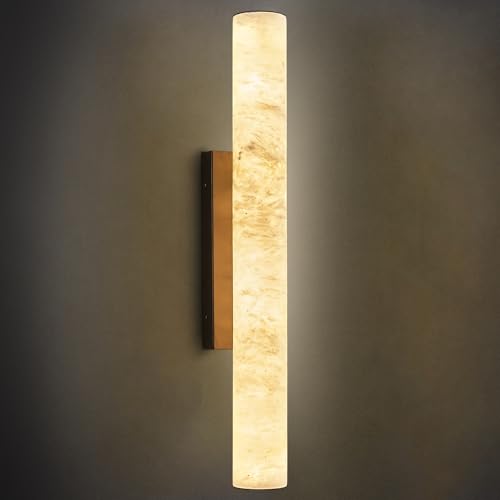 Natural Alabaster Wall Sconces Spanish Marble Wall Light Cylinder Modern Black LED Sconce for Living Room Bedroom Bathroom Stairs（M