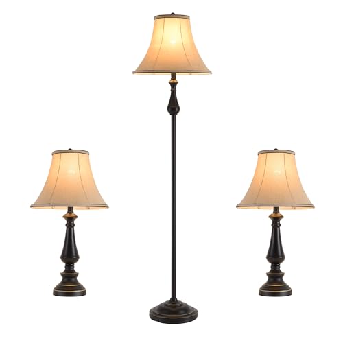Vintage 3 Piece Table and Floor Lamp Sets with Brown Fabric Shades (3 Count)