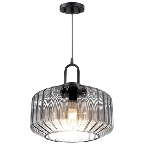 Gray Pendant Light Fixture Large Glass Pendant Light Fixture Vintage Industrial Ceiling Hanging Lights 11" Striped Wave Shade Black Metal Ceiling Hanging Lighting Farmhouse Kitchen