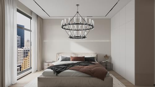 60 Inch Black Wagon Wheel Chandelier 2 Tier with Glass Shade