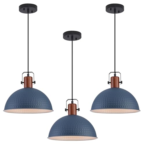 12 Inch Blue Pendant Lights Hammered Matte Pendant Lights for Kitchen Island Industrial Farmhouse Adjustable Height Dome Hanging Light Fixtures for Barn (3 Count)