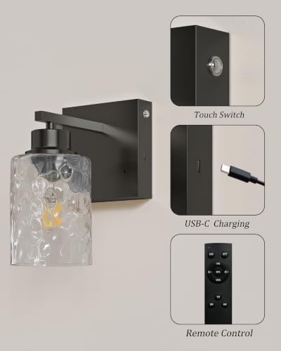 Hammered Glass Wireless Battery Operated Wall Sconces Set of Two Black (2 Count)