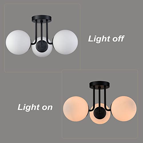 Modern Black Semi Flush Mount Ceiling Light with White Globe
