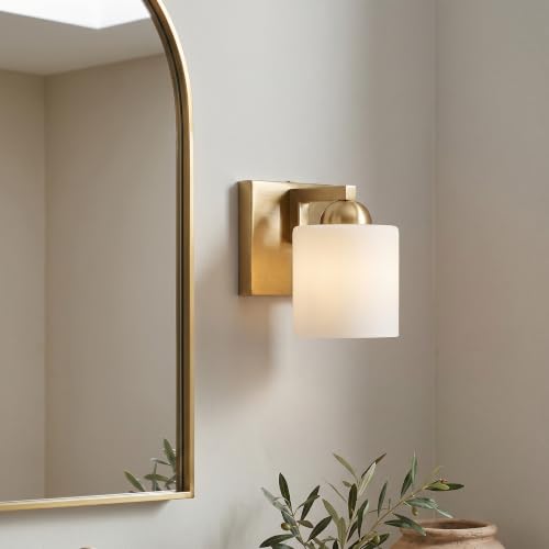 1 Light Brushed Gold Bathroom Vanity Light with White Glass Shade