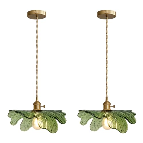 Green Glass Pendant Light Kitchen Flower Ceiling Light Fixture with Leaves Glass Shade (2 Count)