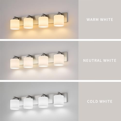 4 Light Brushed Nickel Bathroom Vanity Light with White Glass Shades