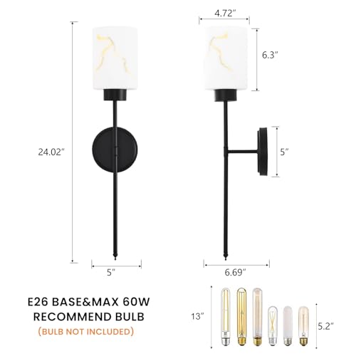 Black Wall Sconces Set of 2 with Marble Glass Shade