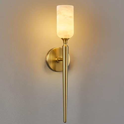 Natural Alabaster Wall Sconce Modern Gold Wall Light Bathroom Sconce Wall Decor Antique Marble Sconces Wall Lighting for Bedroom Living Room Entryway Hallway Staircase