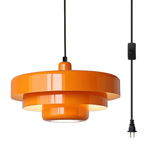 Plug in Pendant Light Mid Century Hanging Lamp with Plug in Cord Orange Pendant Lighting Fixtures Nordic Style Metal Shade On