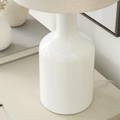 Home 22" White Glossy Ceramic Table Lamp with Oatmeal Linen Shade for Modern Farmhouse