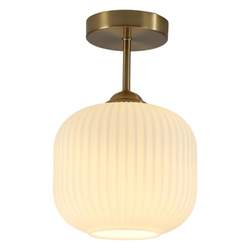 Gold Milk Glass Semi Flush Mount Light Vintage White Ribbed Flush Mount Ceiling Light Small Hallway Globe Ceiling Light Fixtures for Bedroom Entryway