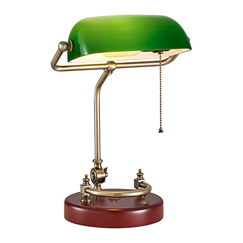 Bankers Lamp Traditional Green Glass Desk Lamp Solid Wood Pull Chain Switch