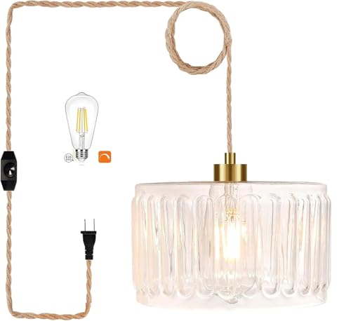 Glass Plug in Pendant Light Hanging Lights with Plug in Cord Milk White Hanging Lamp Gold Dimmable Mid Century Modern Plug in Chandelier Ceiling Fixture for Living Room