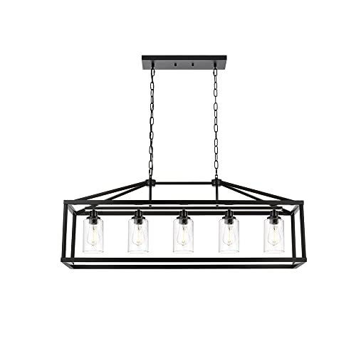 5 Light Farmhouse Chandelier Ceiling Hanging Dining Room Lighting Fixtures Matte Black Modern Pendant Lighting Industrial Rectangular Kitchen Island Chandelier Fixture with Seeded Glass Shade