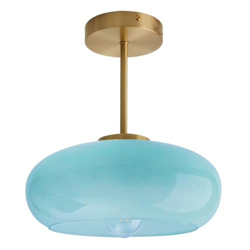 Semi Flush Mount Ceiling Light Blue Glass Ceiling Lights 11" Large Globe Shade Vintage Brushed Gold Brass Flush Mount Lamp Modern Close to Light Fixture for Hallway Bedroom Entrance