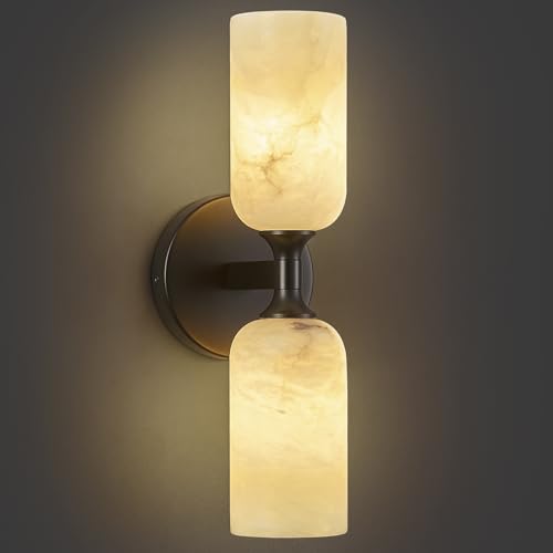 Natural Alabaster Wall Sconces Modern Black Wall Lamp 14in Milky White Alabaster Vanity Wall Lighting for Bedroom Bathroom Staircases Hallway（Included G9 Bulb