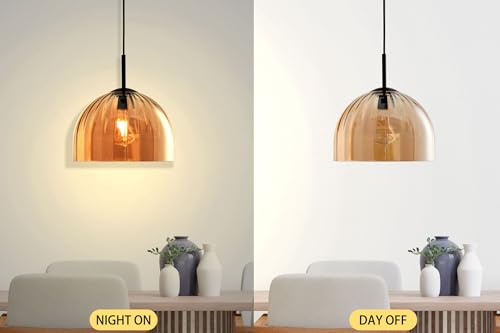 Amber Ribbed Glass Pendant Light Kitchen Island 11.8Inch Black Hanging Lamp