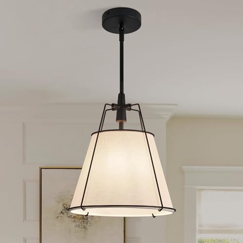 Modern Pendant Light Fixtures with 12" White Linen Fabric Shade
