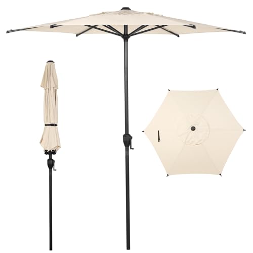 7.5FT Lyon Outdoor Patio Umbrella Outdoor Table Umbrella with Push Button Tilt and Crank Market Umbrella 6 Sturdy Ribs UV Protection Waterproof for Garden Deck Backyard Pool Beige